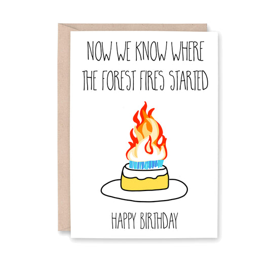 greeting card with a drawing of a cake with lots of candles and large fire burning. Now we know where the forest fires started - Happy Birthday.
