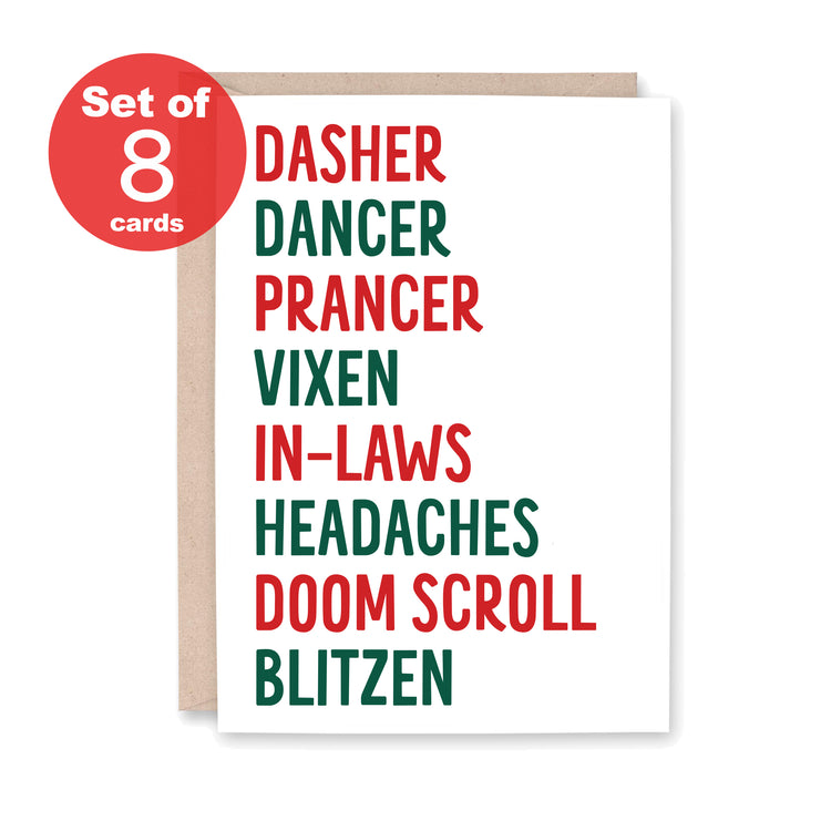 Set of 8 Christmas-themed cards with humorous word list on a white background