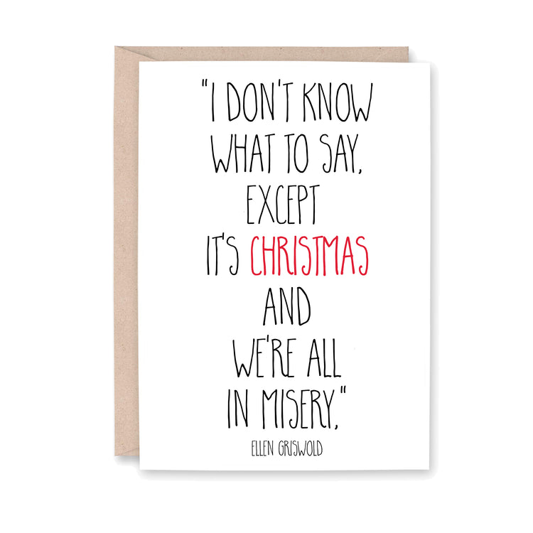 Card with humorous Christmas quote by Ellen Griswold on a white background