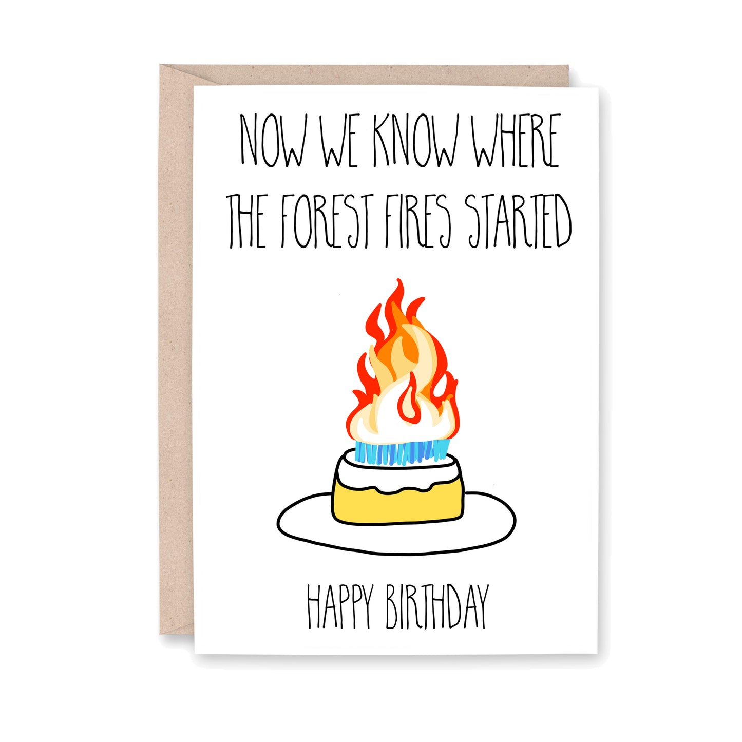 greeting card with a drawing of a cake with lots of candles and large fire burning. Now we know where the forest fires started - Happy Birthday.