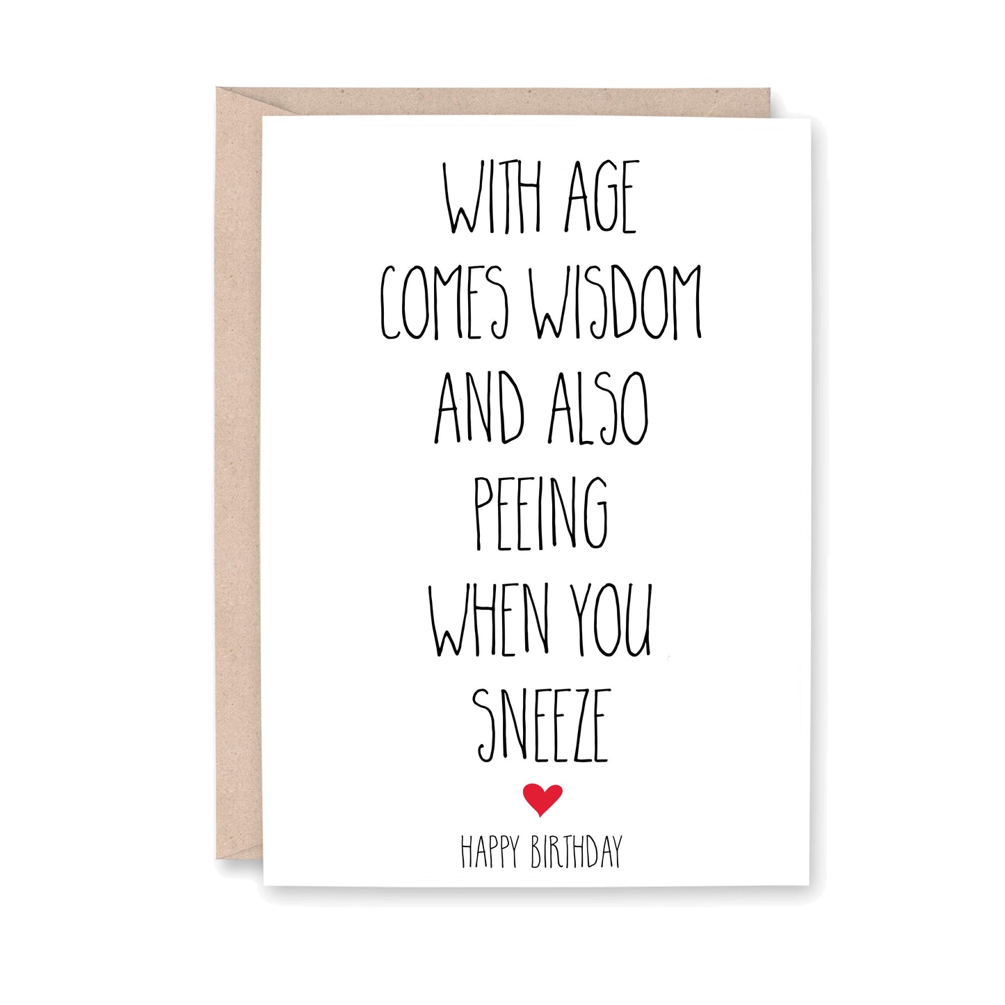 With age comes wisdom and also peeing when you sneeze - Happy Birthday. With a small red heart at the bottom of the card