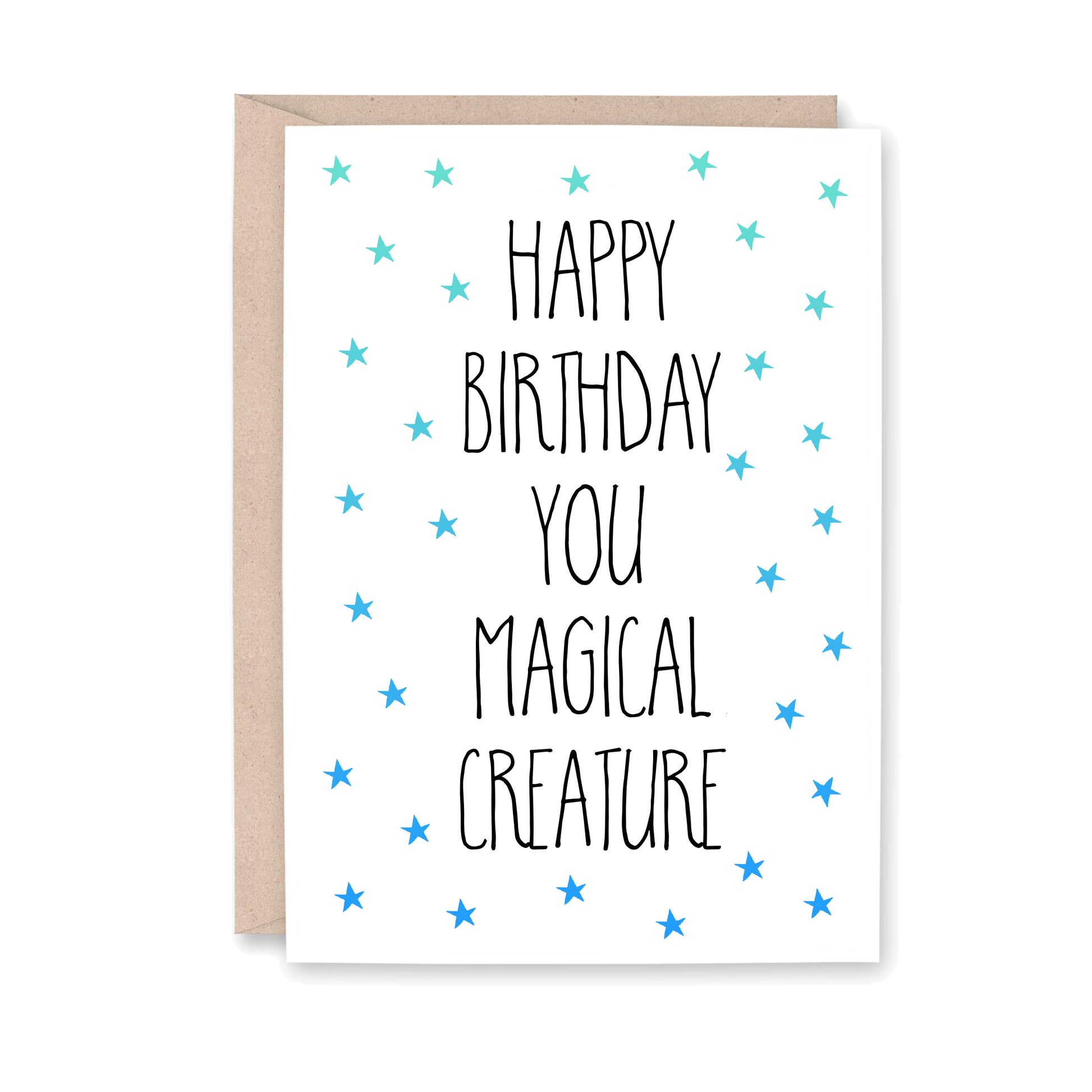 Happy Birthday you Magical Creature card with blue and green stars