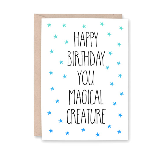 Happy Birthday you Magical Creature card with blue and green stars