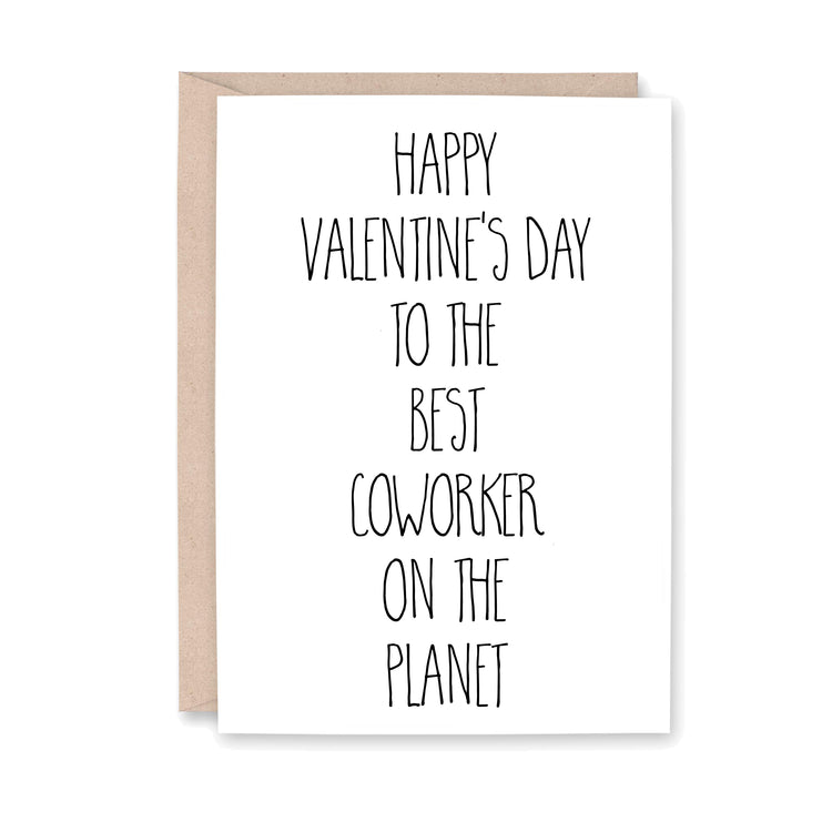 Valentine's Day card with text 'Happy Valentine's Day to the best coworker on the planet' on a white background.