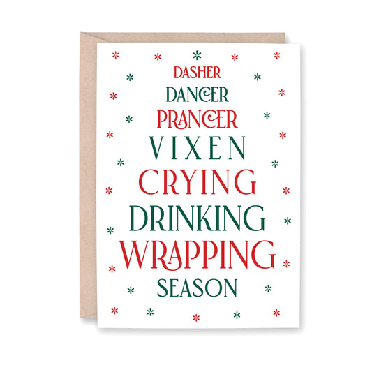 Christmas-themed greeting card with humorous text and decorative elements.