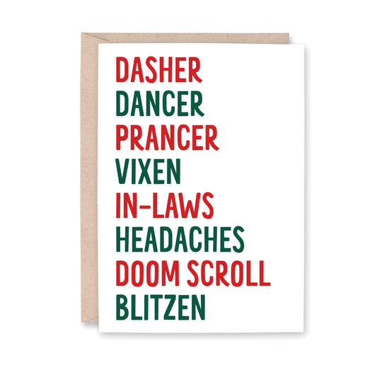 Card with humorous Christmas-themed text in red and green on a white background