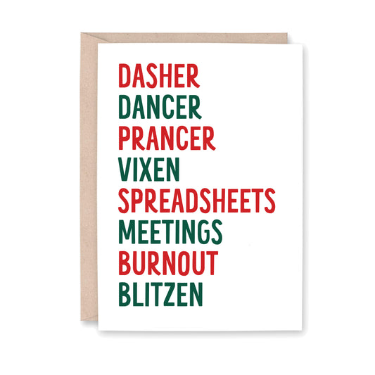 Card with Christmas-themed text in red and green on a white background