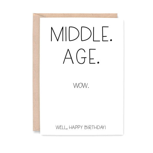 Greeting Card that says "Middle. Aged. Wow. Well, Happy Birthday!