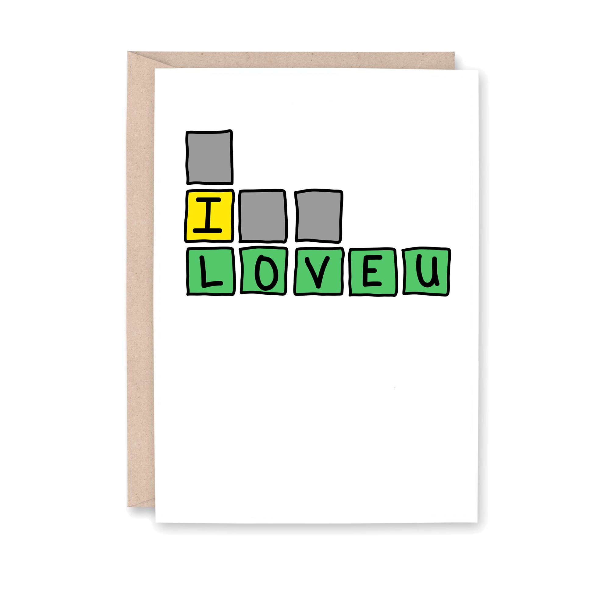 Greeting card with gray, yellow and green Wordle block that says "I LOVE U"